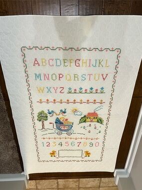 Hand-Embroidered Alphabet Sampler Quilt - Pastel & Primary Floral Motifs